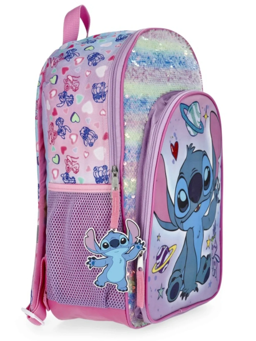 NWT 17” Disney Lilo & Stitch Rainbow Sequined Backpack Pink Green Blue Keychain